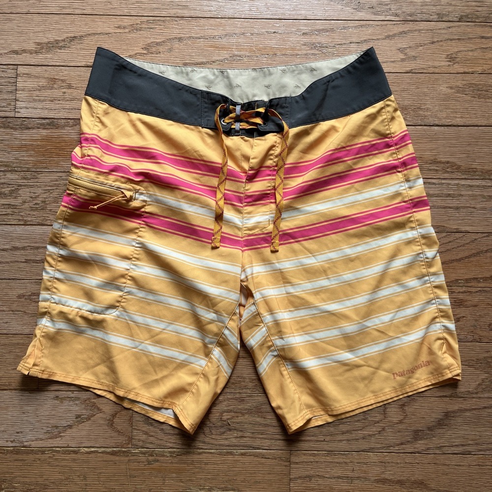 PATAGONIA Men Swim Shorts Sz 32 Orange Stripes Board Shorts Surf Swim Summer‎
